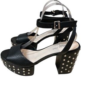 Kenneth Cole Leather Phoenix Stud Black Platform Sandal Heels Womens 8.5 Worn 1x